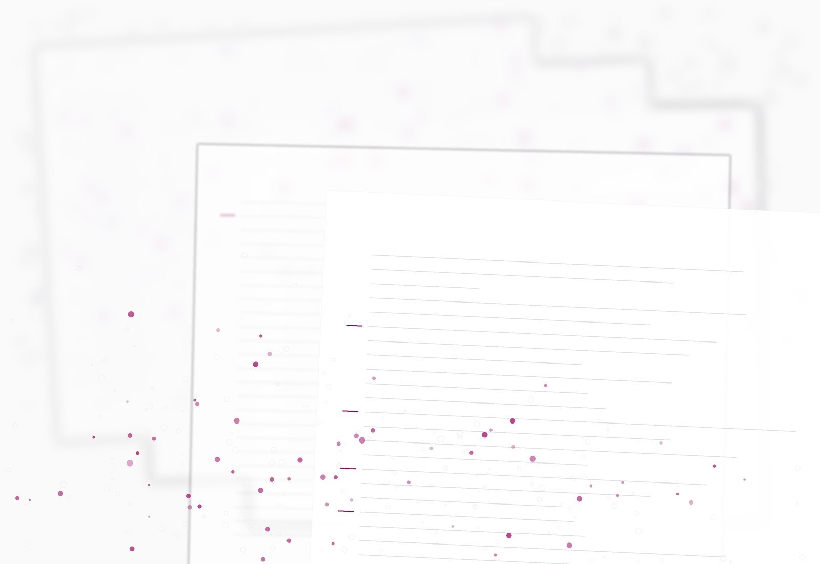 Overlapping document planes receding into soft focus, a magenta tick beside the few ruled lines that carry a source